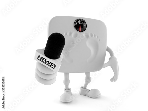 Weight scale character holding interview microphone