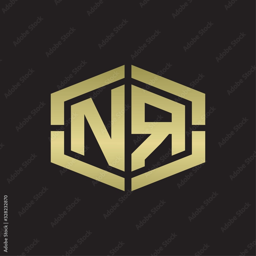 NR Logo monogram with hexagon shape and piece line rounded design tamplate on gold colors NR Logo monogram with hexagon shape and piece line rounded design tamplate on gold colors