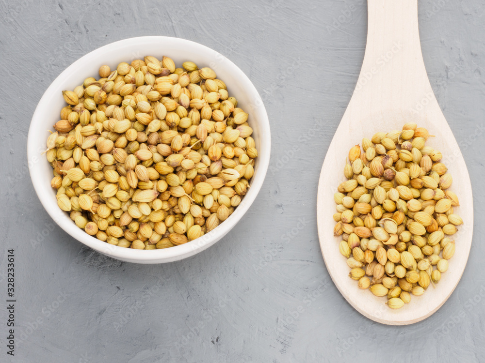 Spice coriander (Coriandrum sativum) seeds in ceramic bowl and wooden spoon on gray concrete background. Indian cuisine, ayurveda, naturopathy concept Spice coriander (Coriandrum sativum) seeds in ceramic bowl and wooden spoon on gray concrete background. Indian cuisine, ayurveda, naturopathy concept