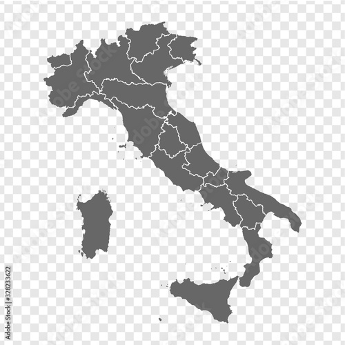 Blank map Italy. High quality map of Italian Republic with provinces on transparent background for your web site design, app, UI. Stock vector. Vector illustration EPS10. 