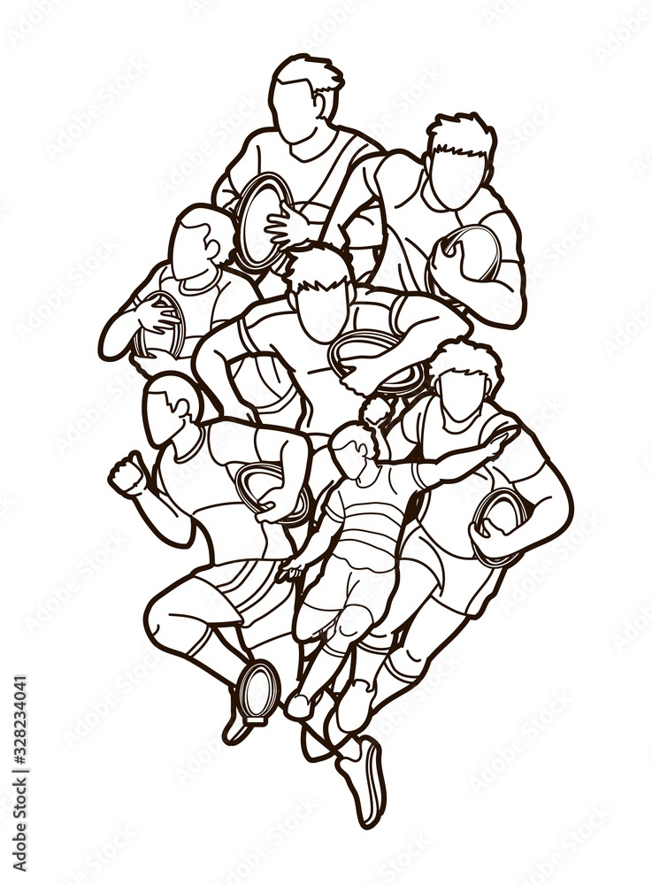 Group of Rugby players action cartoon sport graphic vector.