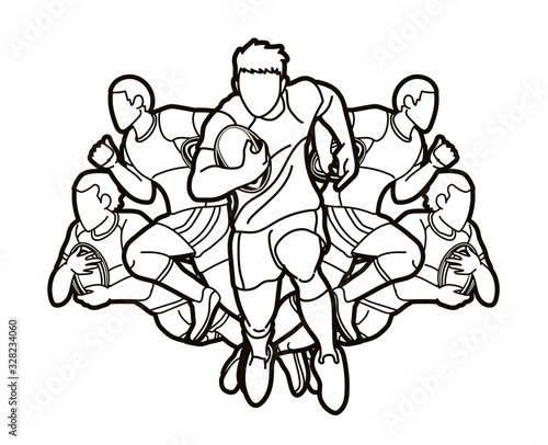 Group of Rugby players action cartoon sport graphic vector.
