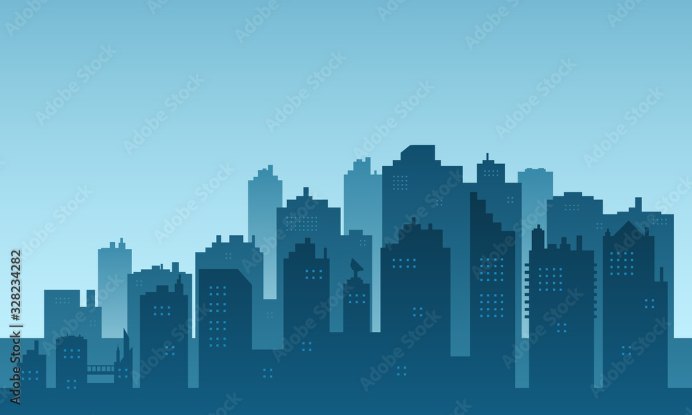 Plakat Panorama of the city with buildings skycraper.