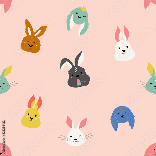 Easter seamless pattern with cute smiling rabbits