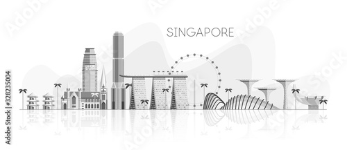 Skyline of Singapore White shades grey reflection
