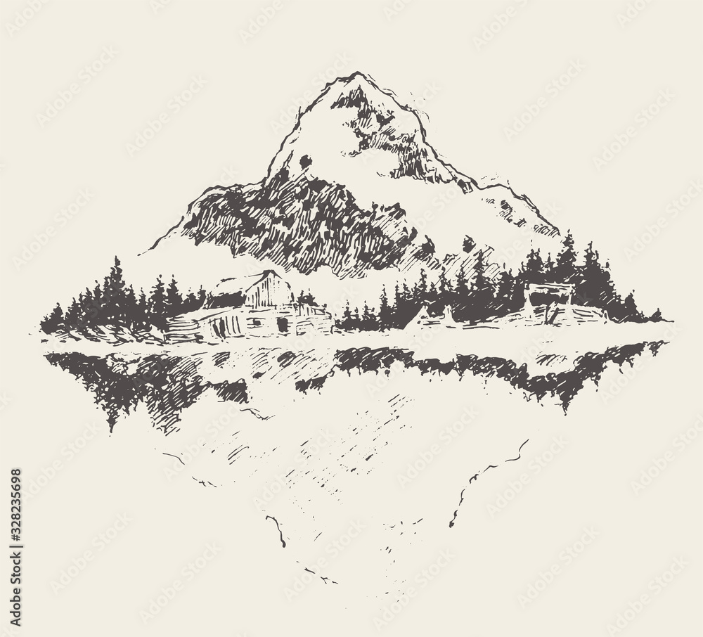 Beautiful cozy house lake mountain vector sketch