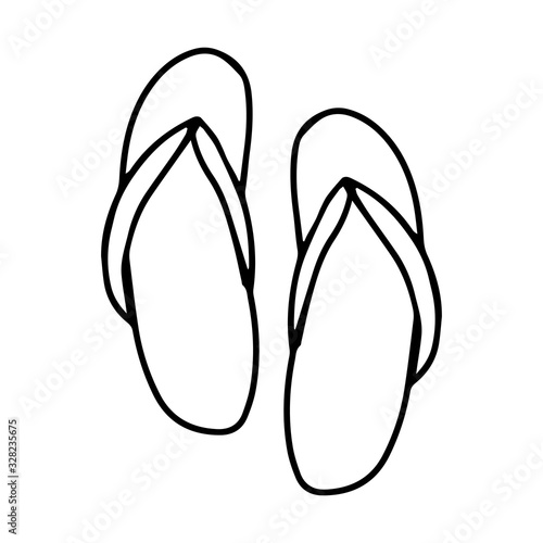 A pair of summer flip flops for the sauna, bathhouse and beach. Black and white vector illustration in doodle style. Summer shoes. Simple outline drawing by hand and isolated on a white background.