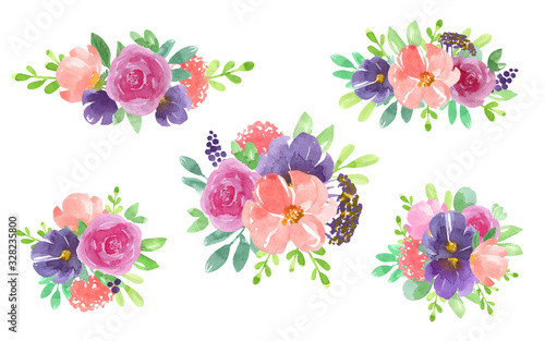 Fototapeta Naklejka Na Ścianę i Meble -  Invitation. Wedding or birthday card. Floral frame. Set of watercolor bouquets with pink, peachy, violet flowers, leaves. Vector illustration isolated on white background.