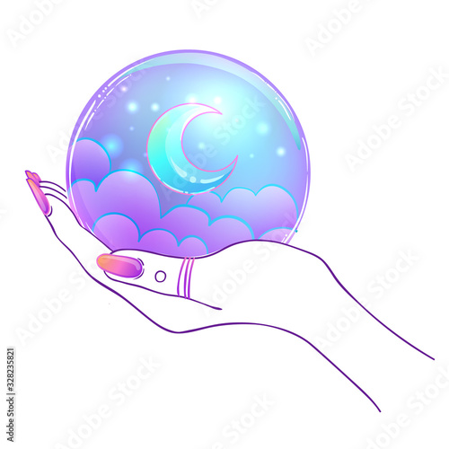 Female hand holding Magic Crystal Ball isolated on white. Creepy cute vector ...