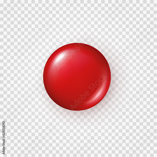 Red plastic button isolated on transparent background. Vector blank badge, label, pin brooch mockup. 3d circle shape magnet, round tag, metal disc..