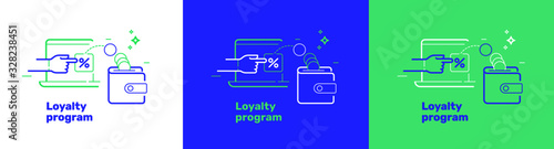 Loyalty program template for web site or banners. Refer bonus for friends or customers. Money reward, cashback benefit icon with hand and coins wallet. Isolated vector illustration on white backdrop