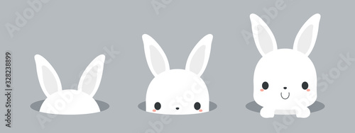 Cute white bunny rabbit appearing from hole. Flat vector illustration.