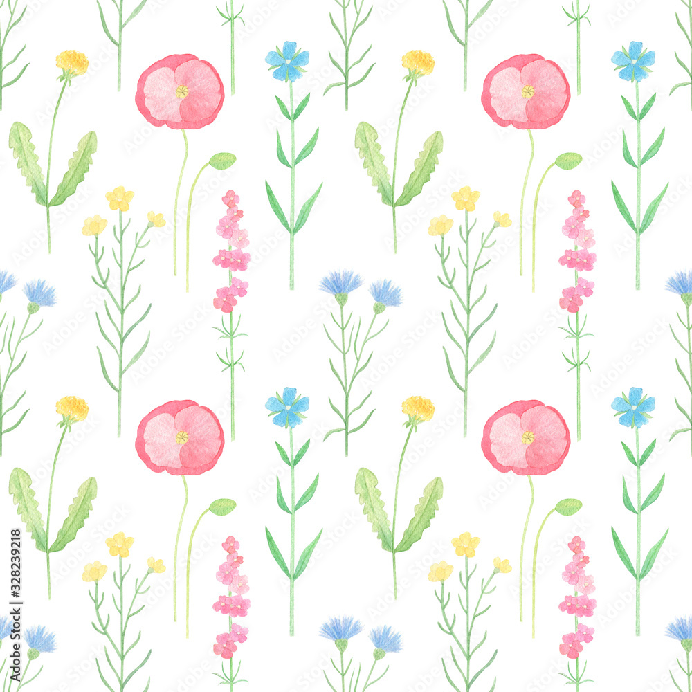 Wildflowers watercolor seamless pattern on white background. Hand drawn wild flowers background. Perfect for summer fabric, textile, covers. Vintage botanical pattern. Retro flowers. 