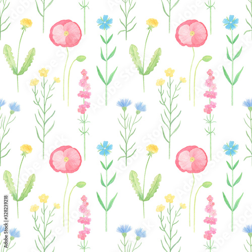 Wildflowers watercolor seamless pattern on white background. Hand drawn wild flowers background. Perfect for summer fabric, textile, covers. Vintage botanical pattern. Retro flowers.  © Tanya Trink