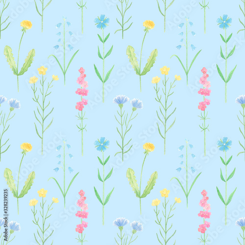 Wildflowers watercolor seamless pattern on blue background. Hand drawn wild flowers background. Perfect for summer fabric, textile, covers. Vintage botanical pattern. Retro flowers. 