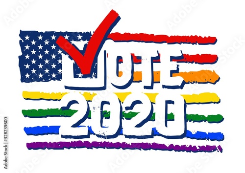 Check mark Vote 2020. US American presidential election 2020. Hand drawn lettering isolated.Vote word with check mark symbol.American flag