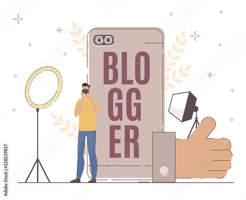 Blogger Work with Lighting Fixture for Good Result. Man Looking at Camera. Large Thumb up Sign. Maintaining Successful Blog Depend on Many Factor. Big Smartphone, Flat Illustration.