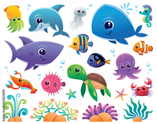 Fotografie, Obraz Vector Illustration of Sea animals Cartoon set