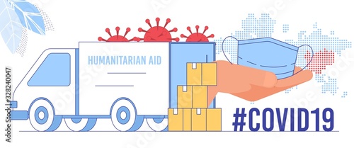 Coronavirus Epidemic Global Crisis, Humanitarian Aid Emergency Delivery, Face Mask Deficit Problem Solving Concept. Cardboard Boxes with Special Protection Clothing near Truck Flat Vector Illustration