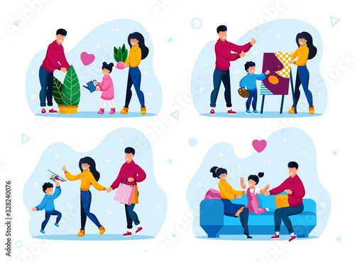 Happy Family Home Routines, Parenthood Activities Trendy Flat Vector Set. Parents with Children Watering Plants, Learning to Draw, Shopping on Sale, Resting Together at Home Isolated Illustrations