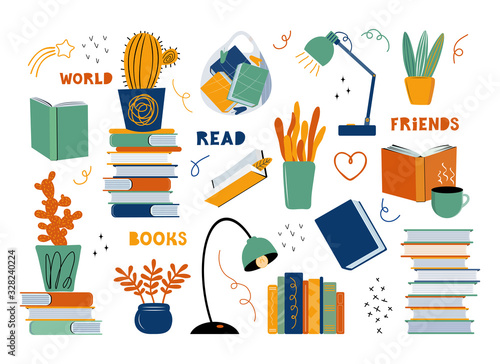 Literary fans. Set of different subjects on the topic of literature and reading. Books, textbooks, indoor plants, a table lamp, a bag of books, a mug of tea or coffee. Hand drawn vector illustration.