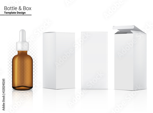 Transparent Amber Dropper Bottle Mock up Realistic Cosmetic and Box for Skincare Product or medicine on White Background Illustration. Health Care and Medical Concept Design.