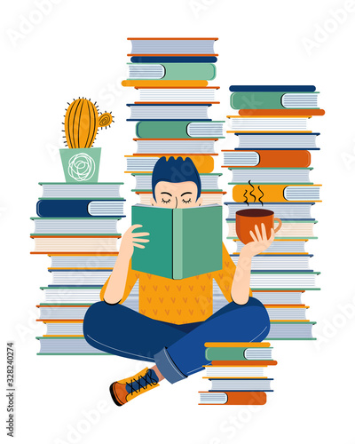 Literary fan. Teenage boy loving of literature reads a book and drinks tea or coffee. Young man with a book in his hand. Hand drawn cartoon character on a white background. Scandinavian illustration.