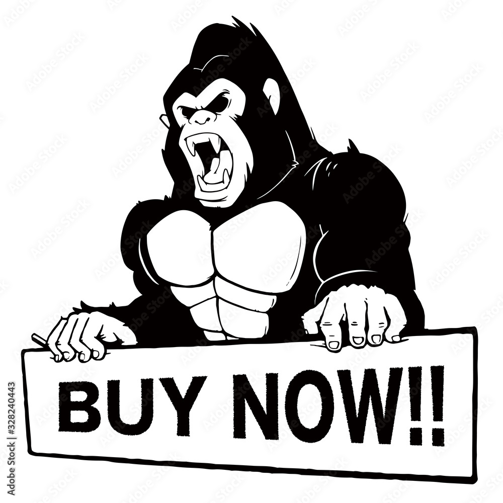 Buy Now のプラカードを持つリアルなゴリラのイラスト 白黒 Stock Vector Adobe Stock