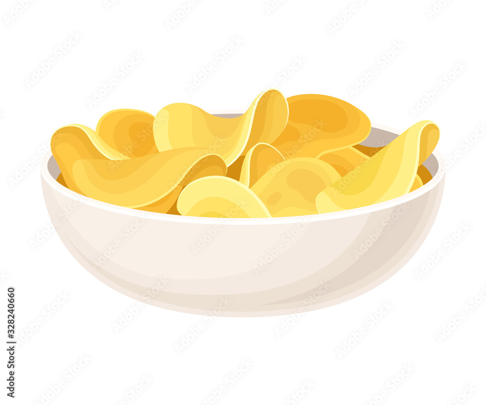 Crunchy Potato Chips in Ceramic Bowl Vector Illustration Crunchy Potato Chips in Ceramic Bowl Vector Illustration