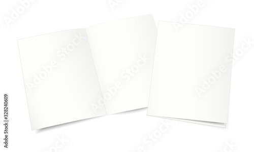 Mockup, template of an open and closed two-page booklet, notebook, brochure, magazine, book. White background. 3d vector illustration for your design.