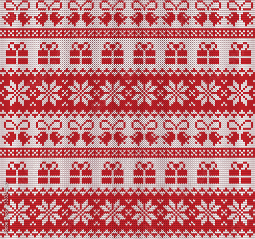 Christmas decoration, semless pattern with bells, gifts and Norwegian stars