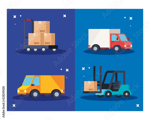 trucks forklift and boxes over cart design, Delivery logistics transportation shipping service warehouse industry and global theme Vector illustration