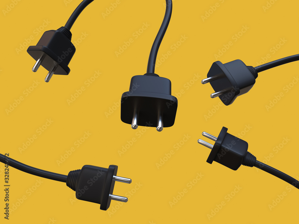 black power cable plug 3d rendering yellow background Stock