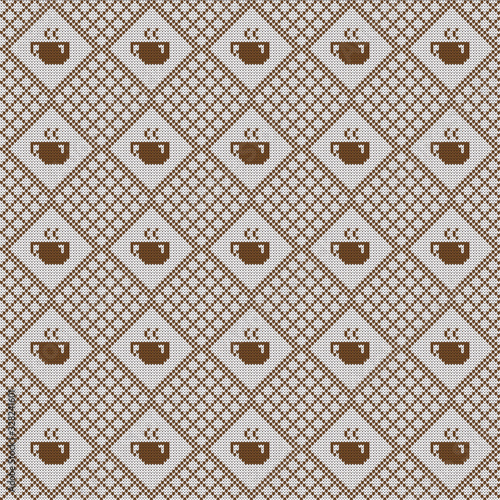 Knitted seamless pattern hot tea or coffee cups.