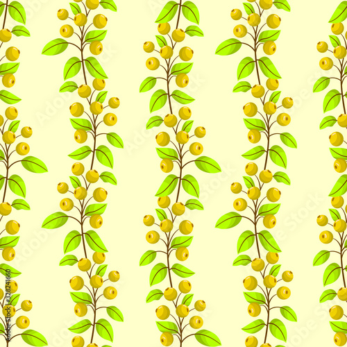 Vector seamless pattern with vertical yellow rowanberry twigs;  natural design for fabric, wallpaper, wrapping paper, packaging, textile, web design.