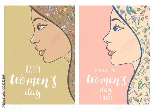 Two greeting cards for Happy International Women's Day. Girls with flowers in their hair