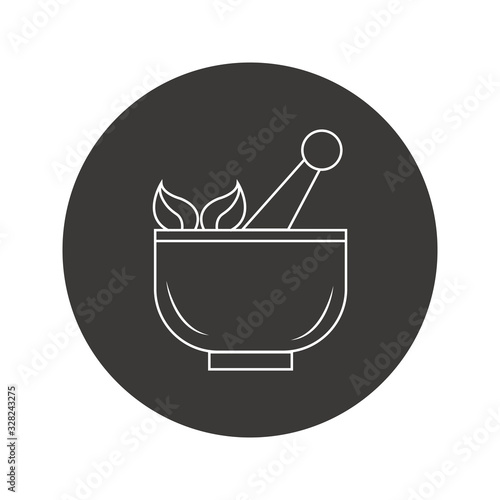Mortar and pestle pharmacy line icon