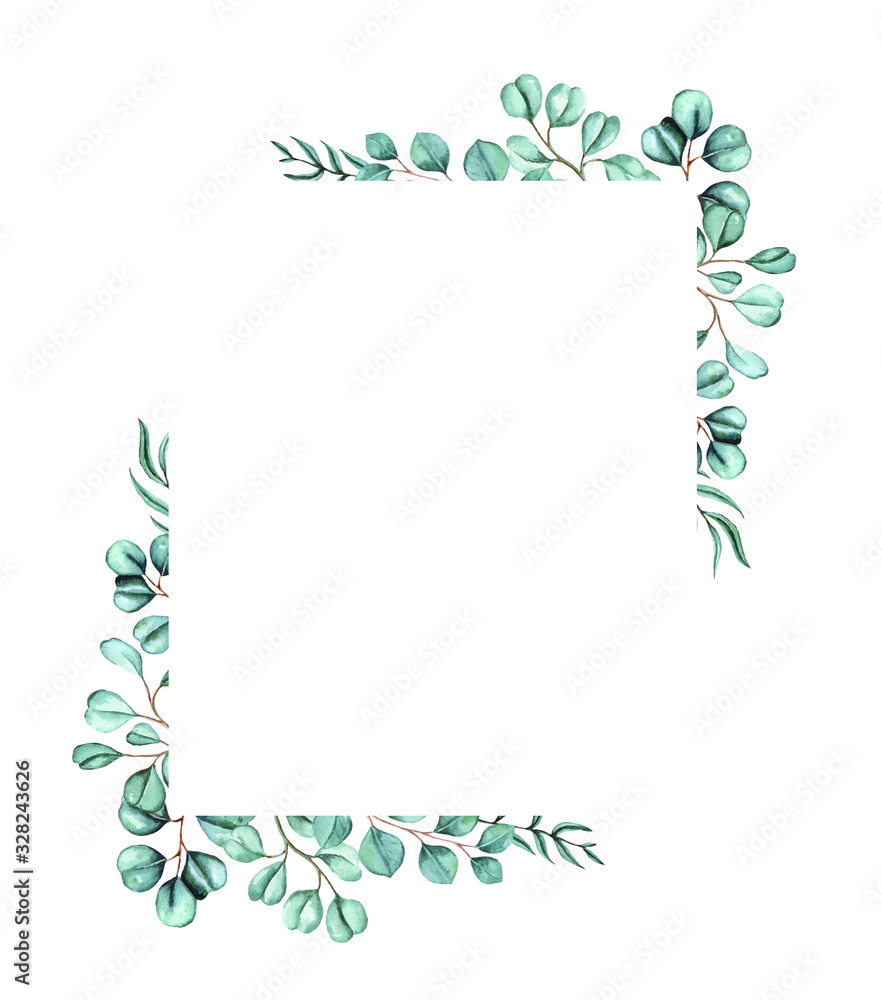 Watercolor vector hand painted card with green eucalyptus leaves frame. Healing Herbs for cards, wedding invitation, posters, save the date or greeting design isolated on white background.