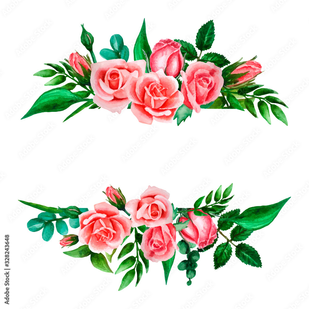 Watercolor vector bouquet with roses, leaves and eucaluptus, wedding frame, banner.