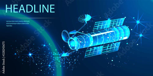 Satellite in orbit of the Earth. View from space. Low poly wireframe style. Vector