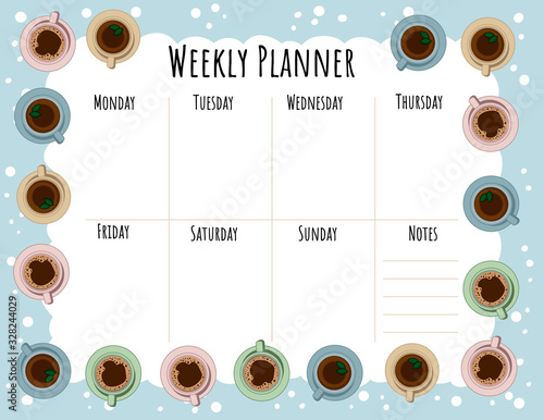 Tea and coffee cups weekly planner and to do list. Morning cafe or restaurant breakfast. Cozy lagom scandinavian style template for agenda, planners, check lists, and stationary