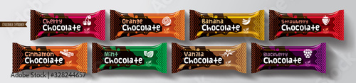 Chocolate bar vector packaging design. Fruit and spicy chocolate set.