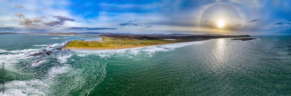 Aerial view of Cashelgolan, Castlegoland, beach, Carrickfad and the awarded Narin Beach by Portnoo County Donegal, Ireland inkluding an amazing 22degree Halo
