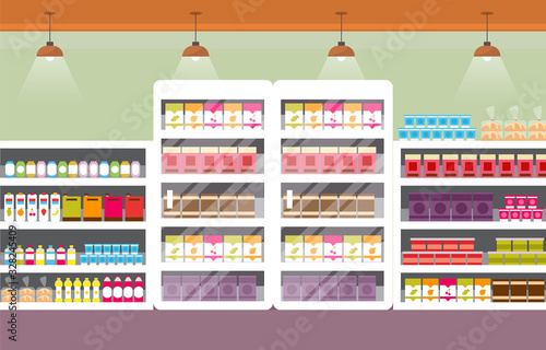 Supermarket Grocery Shelf Store Retail Shop Mall Interior Flat Illustration