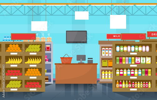 Supermarket Grocery Shelf Store Retail Shop Mall Interior Flat Illustration