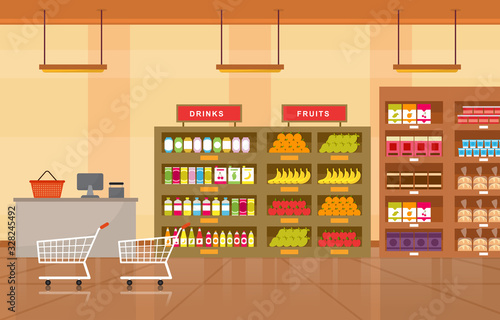 Supermarket Grocery Shelf Store Retail Shop Mall Interior Flat Illustration © jongjawi