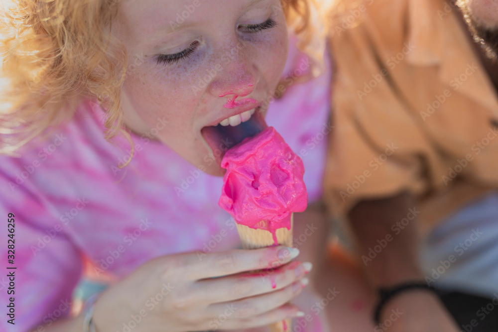 Close-up happy girl with ice cream Close-up happy girl with ice cream