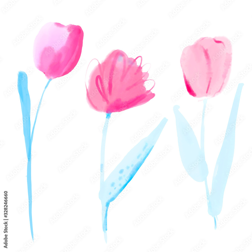 Watercolor tulips set. Hand painted flowers, pink and light blue delicate floral elements