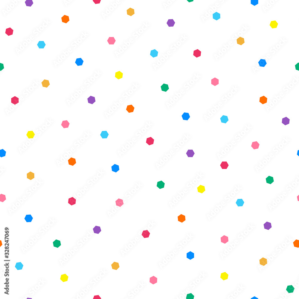 Fototapeta Dotted seamless minimalistic pattern with colorful polygons. Repeatable simple white background - funky vibrant print with hexagons