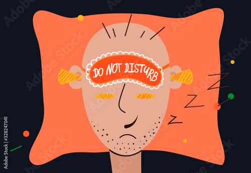 Man with blindfold lies on the bed. Cartoon male character with earplugs and sleep mask. On the mask text Do Not Disturb. Smiling bald man with head on pillow. Vector colorful illustration.
